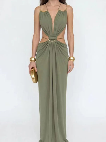 Sexy Halter Strap Long Dress Deep V Pleated Waist Recessed Backless Slim Fit Robe 2026 Summer Vacation Seaside Elegant Lady Gown