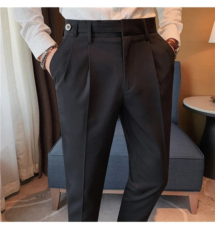 Autumn Winter High Quality Solid Casual Pants Men Belt Design Slim Fit Trousers Formal Office Business Social Party Suit Pants