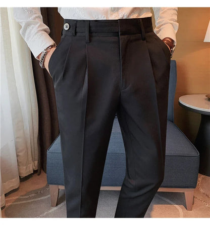 Autumn Winter High Quality Solid Casual Pants Men Belt Design Slim Fit Trousers Formal Office Business Social Party Suit Pants