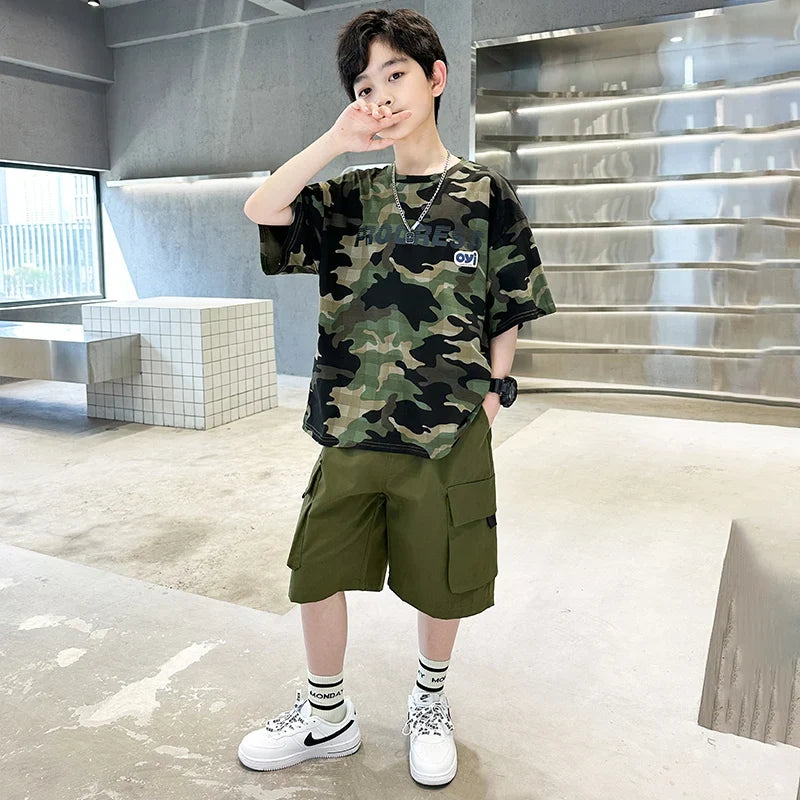 Kids Summer Set Causal Camouflage Sportswear Two Piece Clothing Set for Teenage Boy Short Sleeve T-shirt Shorts Tracksuit Outfit
