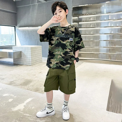 Kids Summer Set Causal Camouflage Sportswear Two Piece Clothing Set for Teenage Boy Short Sleeve T-shirt Shorts Tracksuit Outfit
