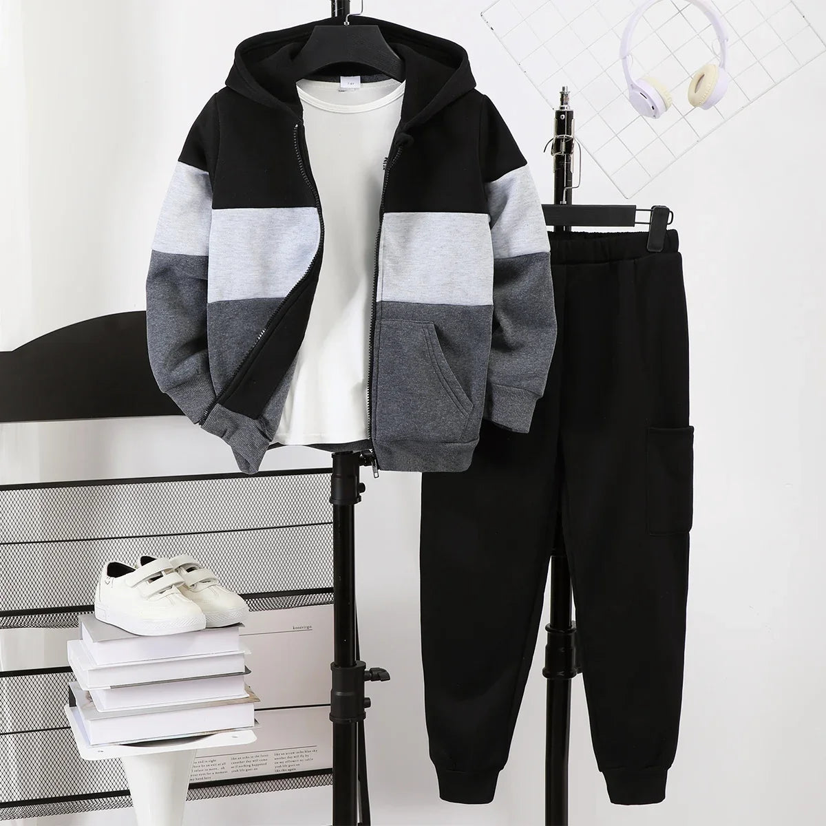 2pcs/Set Tween Boys Casual Solid Color Warm Fleece Zip Hoodies With Pockets And Elastic Waist Sports Pants, Fall/Winter Outfit
