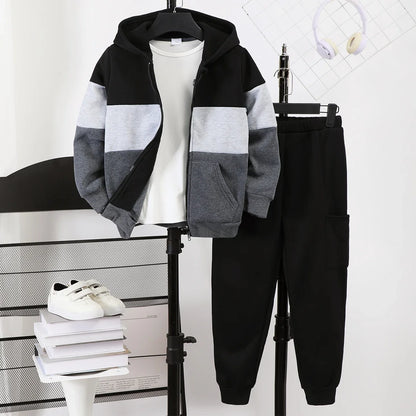 2pcs/Set Tween Boys Casual Solid Color Warm Fleece Zip Hoodies With Pockets And Elastic Waist Sports Pants, Fall/Winter Outfit
