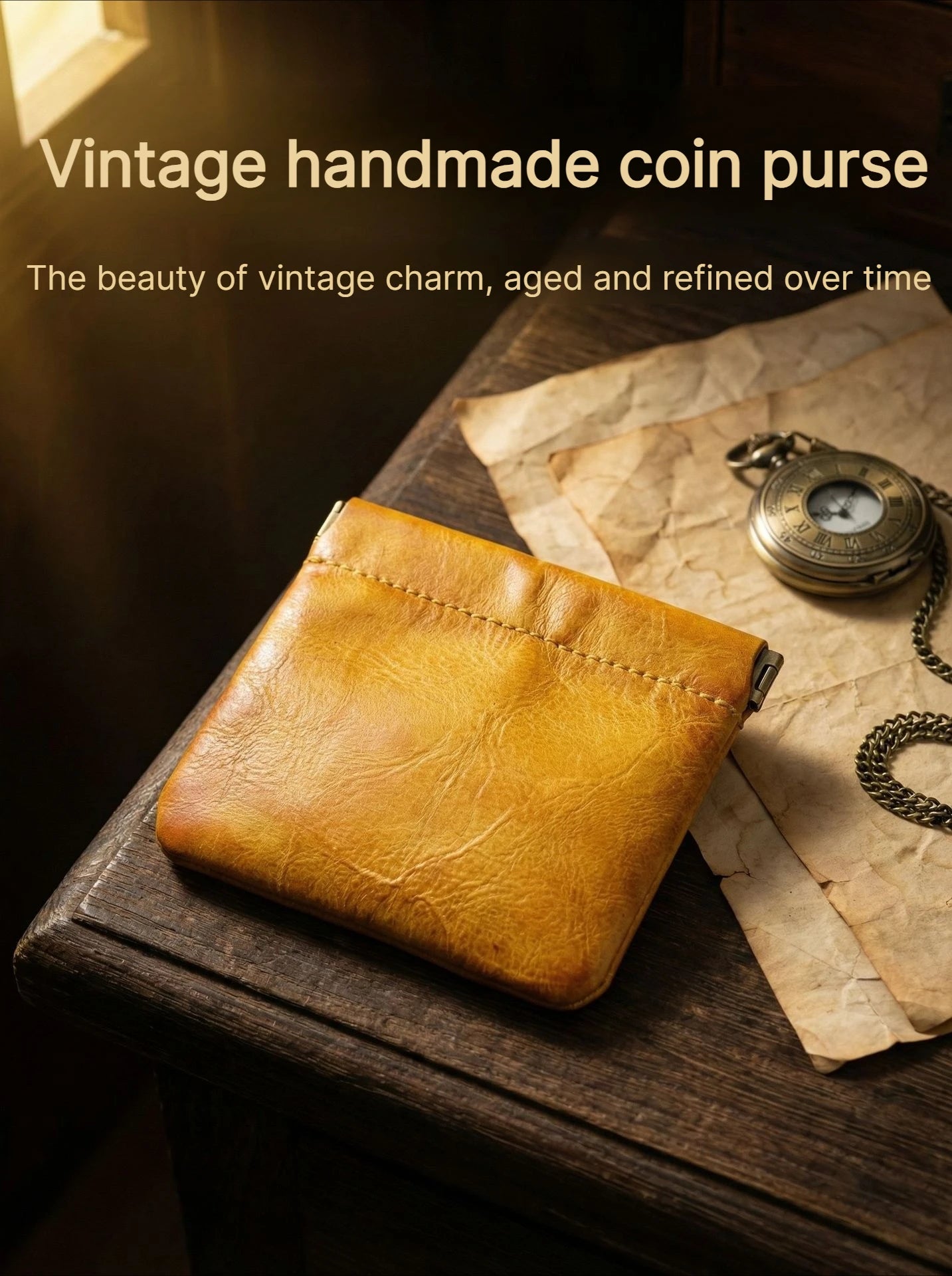 Full Grain Leather Vintage Organizer Bag Vegetable Tanned Cosmetic Pouch Magnetic Closure Coin Purse Custom Engraving