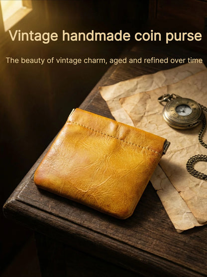 Full Grain Leather Vintage Organizer Bag Vegetable Tanned Cosmetic Pouch Magnetic Closure Coin Purse Custom Engraving