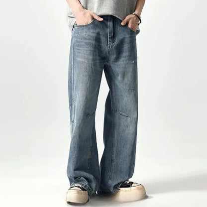 Japanese And Korean Retro Straight Leg Jeans With Loose Fit Men'S Workwear Wide Leg Pants High Street Casual Curved Knife Pants