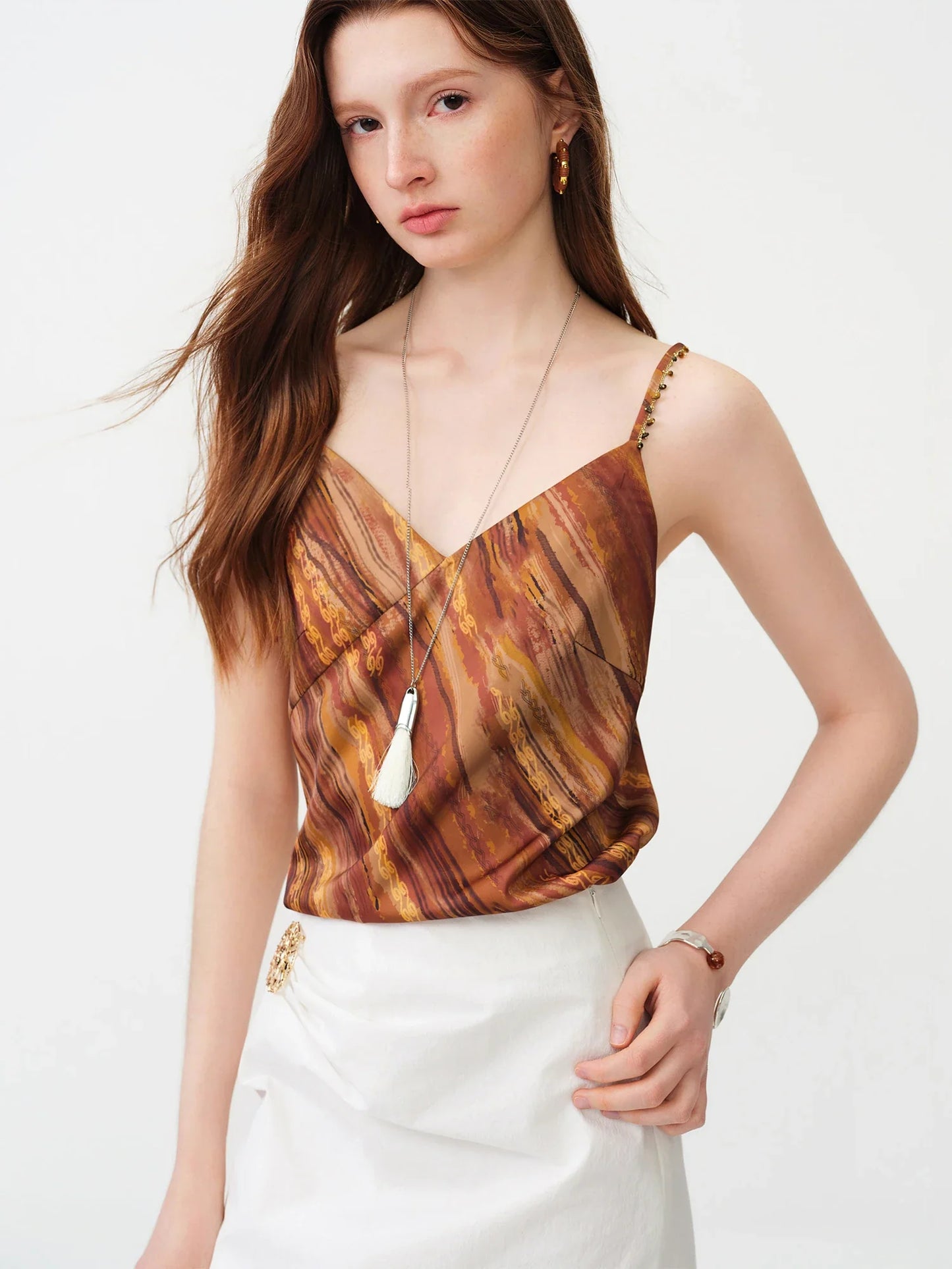 2026 Summer Women's Vacation Ready Satin V-Neck Camisole Stone Bead Accent - Elegant Retro Fitted Top for Beach Holidays