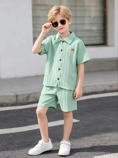 Boys Big Size Shirt Shorts Set Vertical Stripes Pattern Summer Outdoor Casual Outfit Children's Clothing