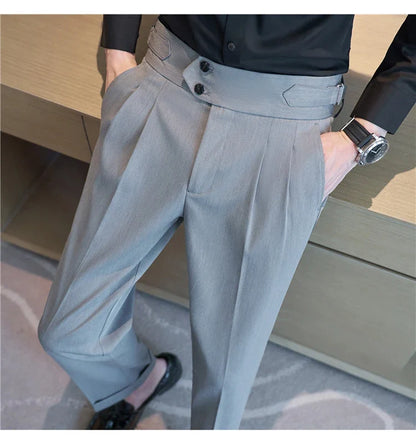 British Style Autumn New High Waist Trousers Men Belt Design Slim Fit Suit Pants Office Social Wedding Party Formal Pants Hommes