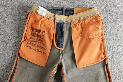 Retro blue wash-fried cat whisker jeans men's high-end custom fabric American fashion brand youth nine-point pants