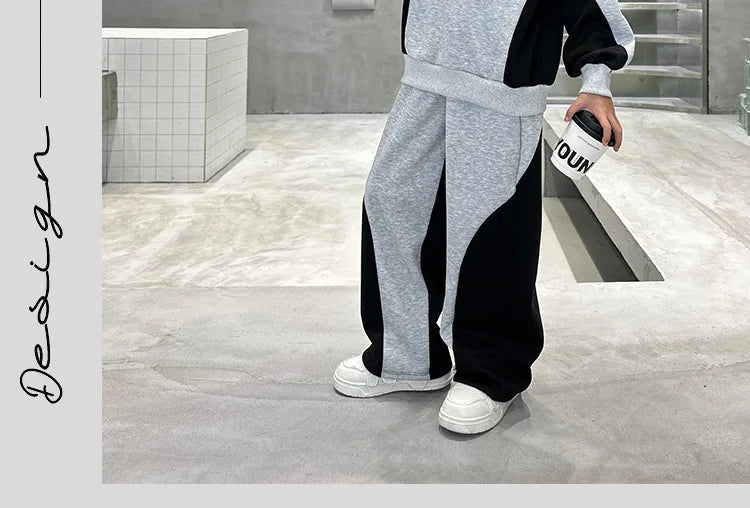 Spring Boys Black x Grey Contrast Pullover Sweatshirt+Sweatpant Work Set School Kid 2PCS Tracksuit Children Jogger Outfit 5-16Yr