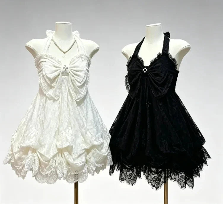 French Style Sweet Cute Polka Dot Splicing Dress Lace Bow Korean Fashion Dresses New Design Slim Waist Lady Y2k Mini Dress