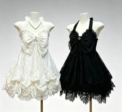 French Style Sweet Cute Polka Dot Splicing Dress Lace Bow Korean Fashion Dresses New Design Slim Waist Lady Y2k Mini Dress