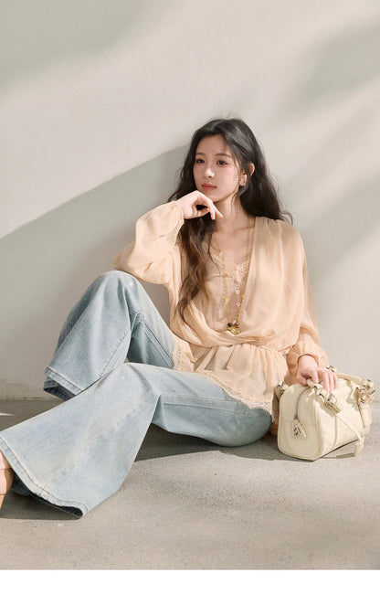Women's French Style Beige Sheer Chiffon Blouse V Neck Lace Trim Elastic Waist Peplum Top For Spring Summer MXF16T1588