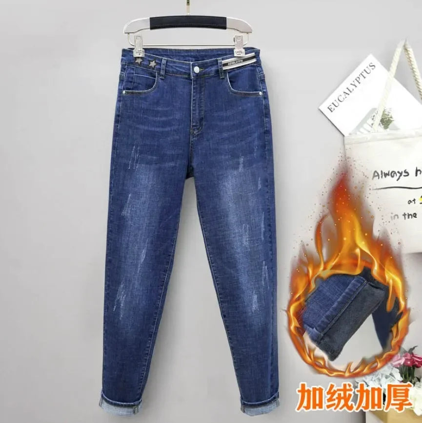 XL-6XL Spring Autumn Large Size Jeans Woman High Waist Baggy Jeans for Women Elastic Cotton Denim Harem Pants Mom Jeans