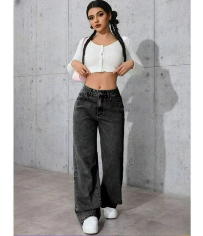 Women's Classic Wide Leg Stretch Jeans with Button  Soft Comfortable Autumn Winter Vintage Wash Stylish Jeans High Street Pants