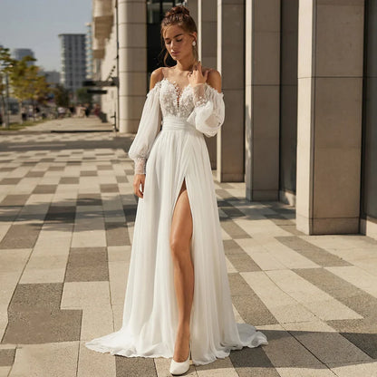 Sexy Bride Wedding Dress Customized Puff Sleeves V Neck Beading Applique High Split Chiffon Summer Bridal Gown Sweep Train