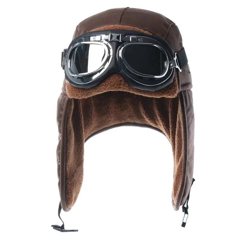 Men Winter Bomber Hat With Goggles Outdoor Motorcycle Windproof Warm Faux Fur Pilot Earflap Hat Leather Thermal Ushanka
