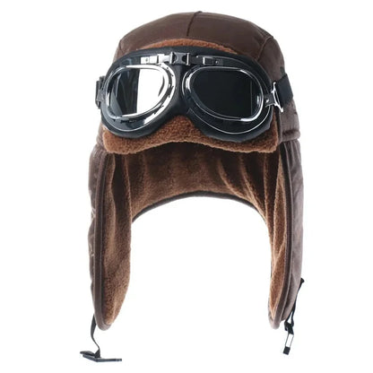 Men Winter Bomber Hat With Goggles Outdoor Motorcycle Windproof Warm Faux Fur Pilot Earflap Hat Leather Thermal Ushanka