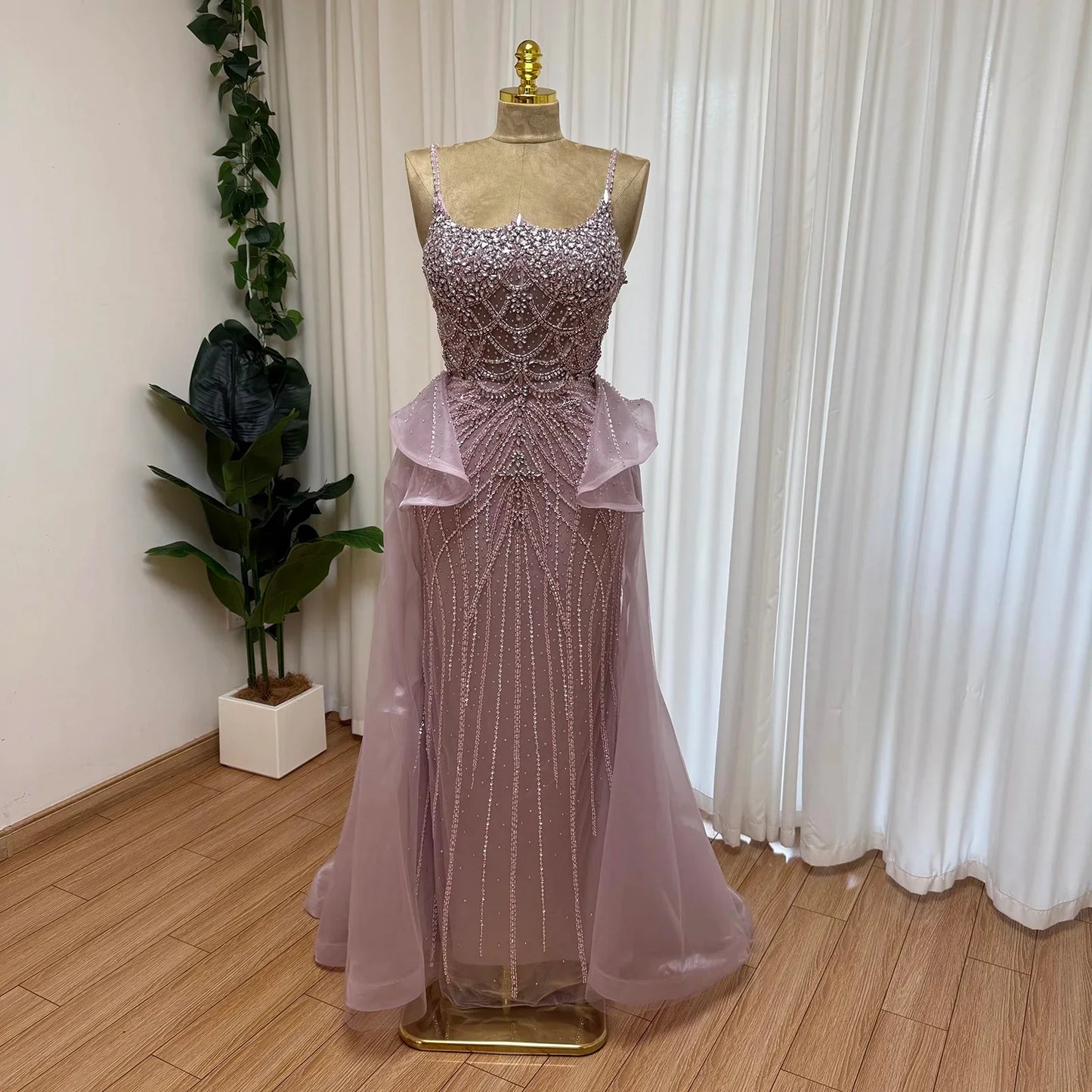 Luxury Beaded Mermaid Evening Dress Spaghetti Strap Detachable Overlay Formal Prom Wedding Party Gown Customized