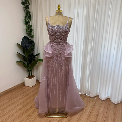 Luxury Beaded Mermaid Evening Dress Spaghetti Strap Detachable Overlay Formal Prom Wedding Party Gown Customized