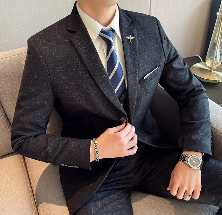 High Quality Slim-fit Men's Three-piece Suit with Vest And Trousers - Double Buckle Wedding Art Fabric Tough Man Suit