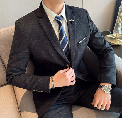 High Quality Slim-fit Men's Three-piece Suit with Vest And Trousers - Double Buckle Wedding Art Fabric Tough Man Suit