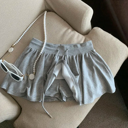 Summer Women Sports A Line Skirts for Women Summer High Waist Drawstring Solid Mini Skirts Female Sweet All Match Ballet Skirts