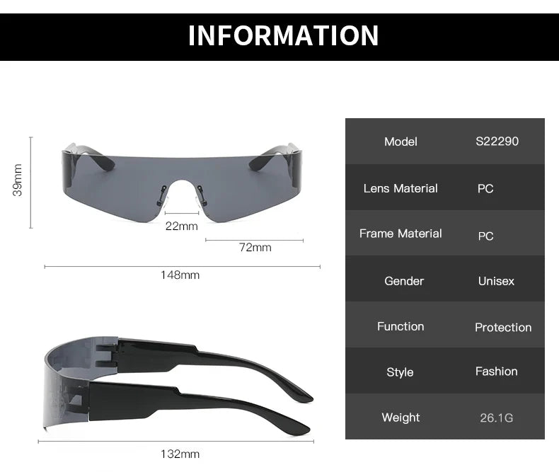 Cycling Punk One Piece Sunglasses Women Goggle Mirrored Y2K Sun Glasses Men 2000'S Wrap Around Eyeglasses Fashion Eyewear