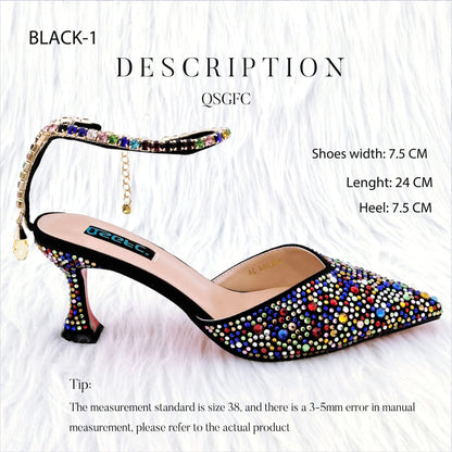 New Gold Glitter Fabric Pointed Toe High Heels With A Variety Of Shapes Of Rhinestones Fashion Party Ladies Shoes And Bag