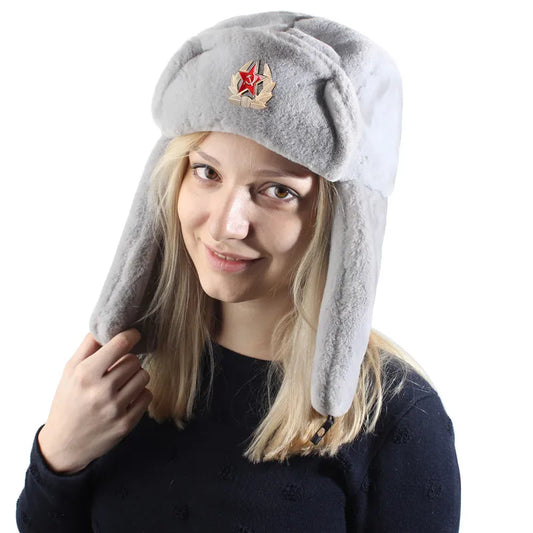 Soviet Army Military Badge Russia Ushanka Bomber Hats Pilot Trapper trooper Hat Winter Faux Rabbit Fur Earflap Men Snow Caps