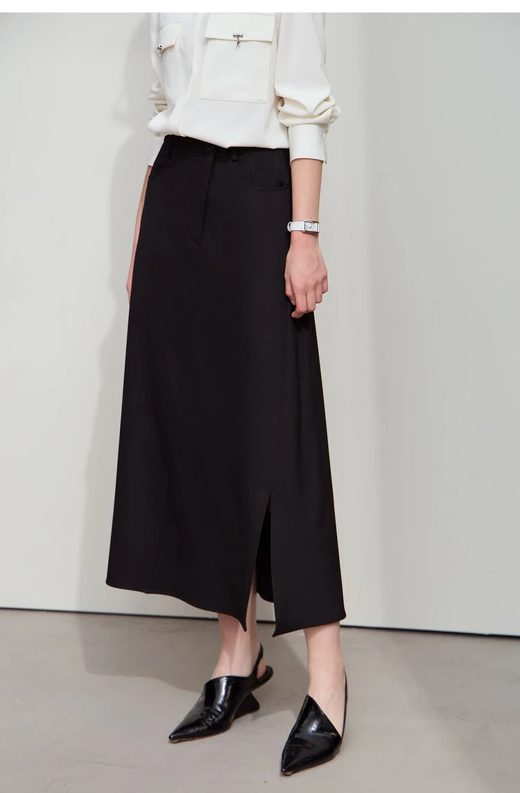 Minimalist Autumn New Commuter Asymmetrical Oblique Placket Split Skirt Non Ironing Anti Wrinkle A Shape Skirt 12551003