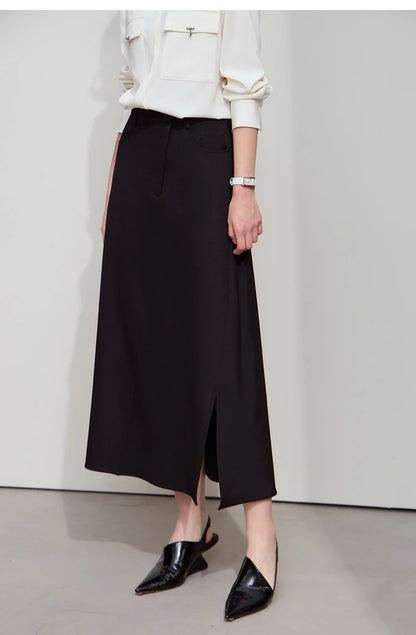 Minimalist Autumn New Commuter Asymmetrical Oblique Placket Split Skirt Non Ironing Anti Wrinkle A Shape Skirt 12551003
