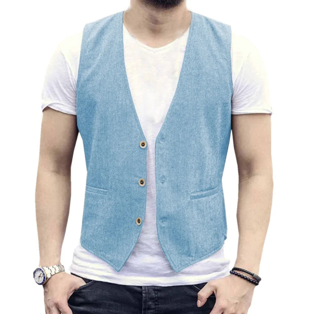 V Neck Men's Linen Vest Single Breasted Vintage Real Pocket Men's Summer Linen Waistcoat For Wedding