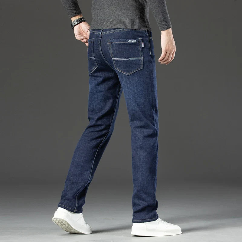 Winter Warm Fleece Jeans Men 2025 Straight Stretch Thick Casual Thermal Denim Pants Male Business Work Trousers New Men Clothing
