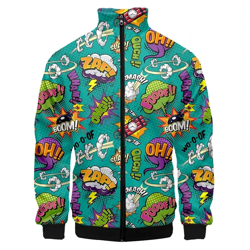 Colorful Monster Graffiti Art Men's Plus Size 3D Jacket Sportswear Spring Stand-up Collar Zipper Sweater Baseball Jacket Men's