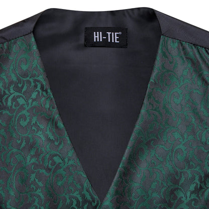 Men's Silk Vests Fashion Dark Green Floral Jacquard Handkerchief Cufflinks Necktie Sleeveless Wistcoat Sets Wedding Party