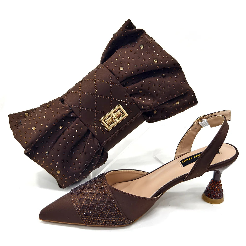 2025 Fashion Brown Color Women's Party Shoes and Bag Set With Elegant Diamond Butterfly Design - Stylish and Chic