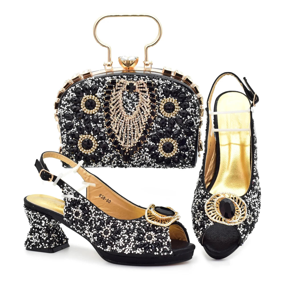 Italian Shoes and Bags Matching Set Decorated with Rhinestone Shoe and Matching Bag for Nigeria Party Wedges Shoes for Women