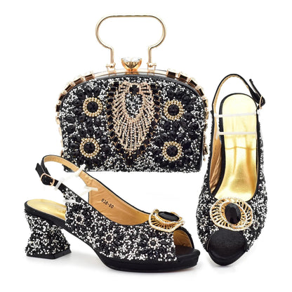 Italian Shoes and Bags Matching Set Decorated with Rhinestone Shoe and Matching Bag for Nigeria Party Wedges Shoes for Women