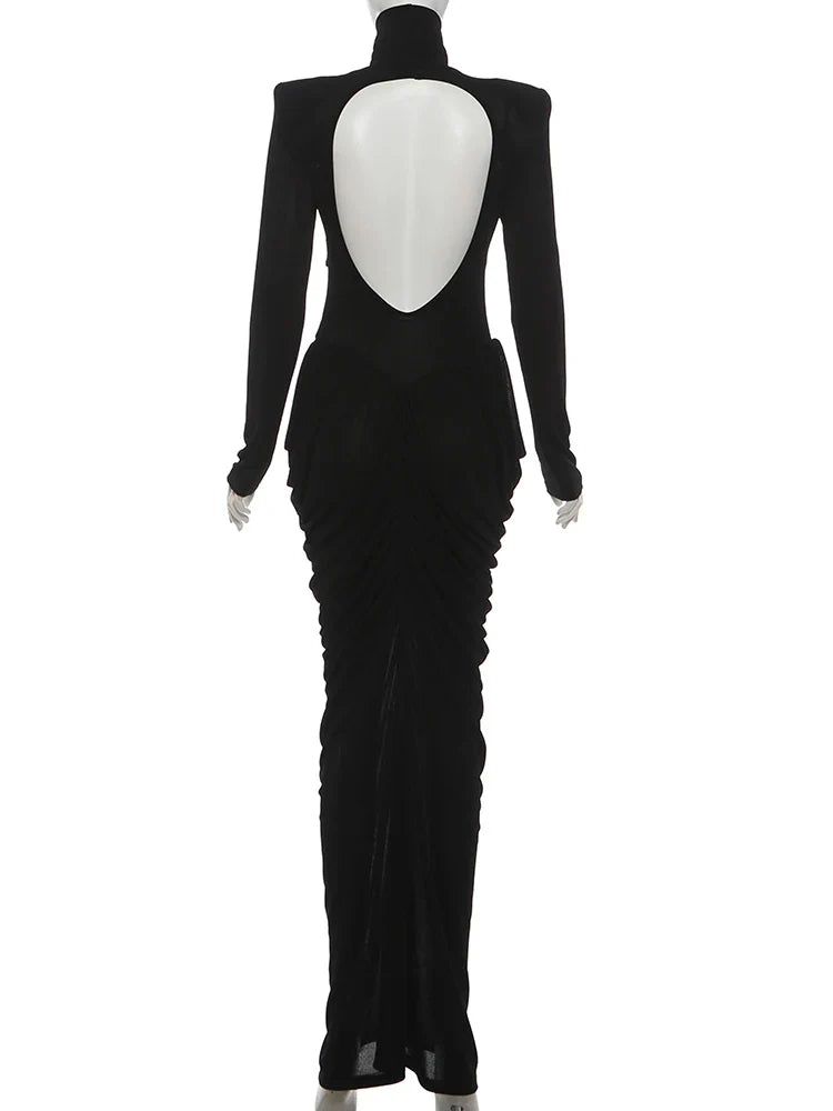 Autumn New Style Maxi Dress Women Turtleneck Full Sleeve Backless Skinny Stretch  Prom Party Ruched Elegant Vestidos