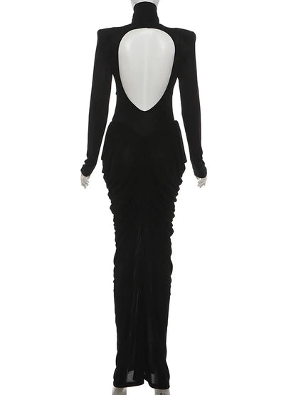 Autumn New Style Maxi Dress Women Turtleneck Full Sleeve Backless Skinny Stretch  Prom Party Ruched Elegant Vestidos