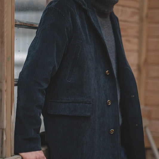 Autumn and Winter Vintage Windbreaker Men's Black Corduroy Coat Mid-length Striped Coat Men Retro Trench Solid Overcoat