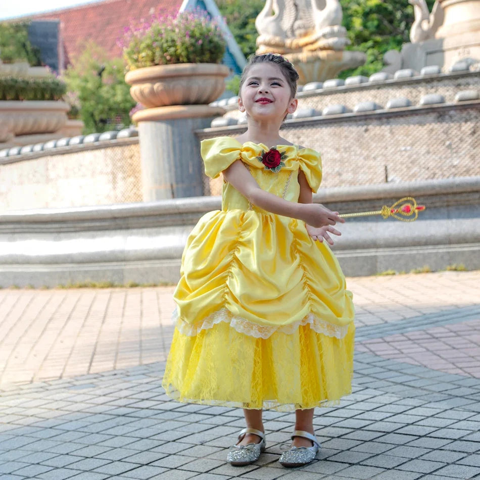 Girl Belle Dress Beauty Cosplay Costume Princess Deluxe Applique Outfit Children Birthday Party Elegant Gown Fairy Disguise Sets
