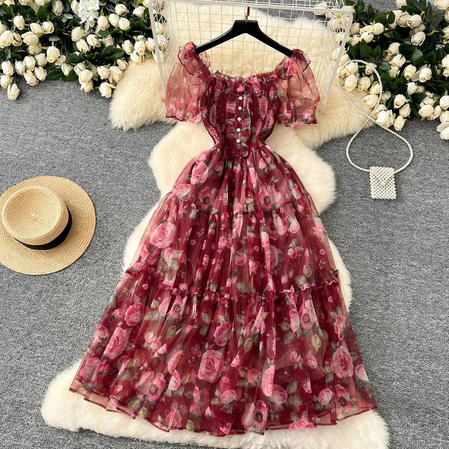 Retro Floral Chiffon Dr Women's Waist Cinched Bubble Sve Me Skirt Tea Break Gentle Soft Sle Korean High Waist A-Lin...