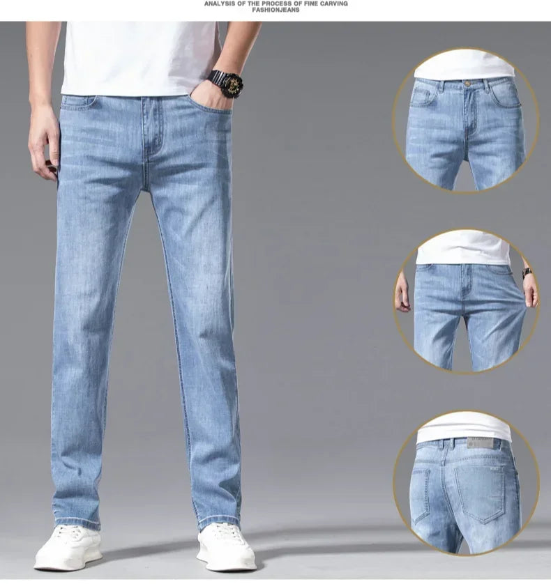 2024 Men's New Autumn Straight Casual Jeans Light Blue Classic Breathable Comfortable No Ironing Stretch Denim Trousers Male