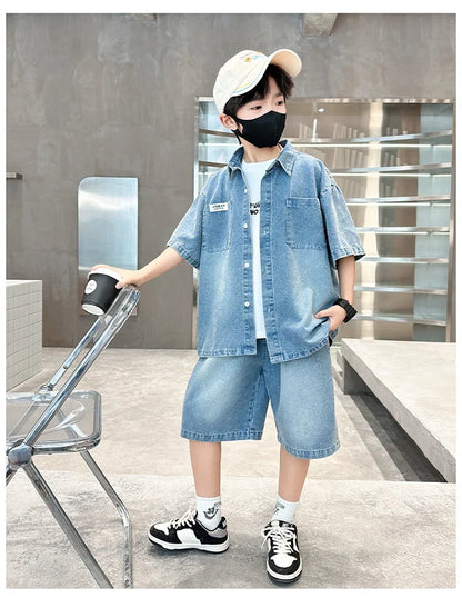 High Fashion Kids Summer Suit for Boy with Denim Shorts Two Pieces Tracksuit Children Casual Top and Bottom Clothing Set 5-14 Y