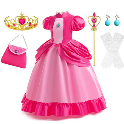 New 2026 Movie Inspired Lolita Princess Dress Super Plumber Bros's Friend Peach Costume Girls Pink Lace Frock Role Play Apparel