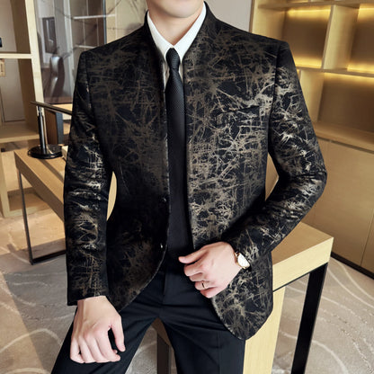 New Chinese Style Stand Up Collar Jacquard Suit Coats Men Slim Business Casual Fashion Suits Jacket Formal Social Party Tuxedos