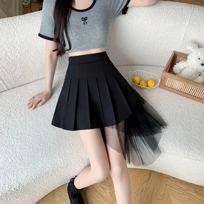 Mesh Patchwork Pleated Skirts Women High Waist Fashion Slim Sexy Mini Skirt Korean Sweet Preppy Style Spring Summer A Line Skirt